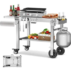R.W.FLAME Portable Folding Grill Prep Table with Wheels, Stainless Steel BBQ Grill Stand for Camping, Tailgating and Outdoor Cooking, Rolling Dining Cart for Tabletop Grill, Griddle and Pizza Oven