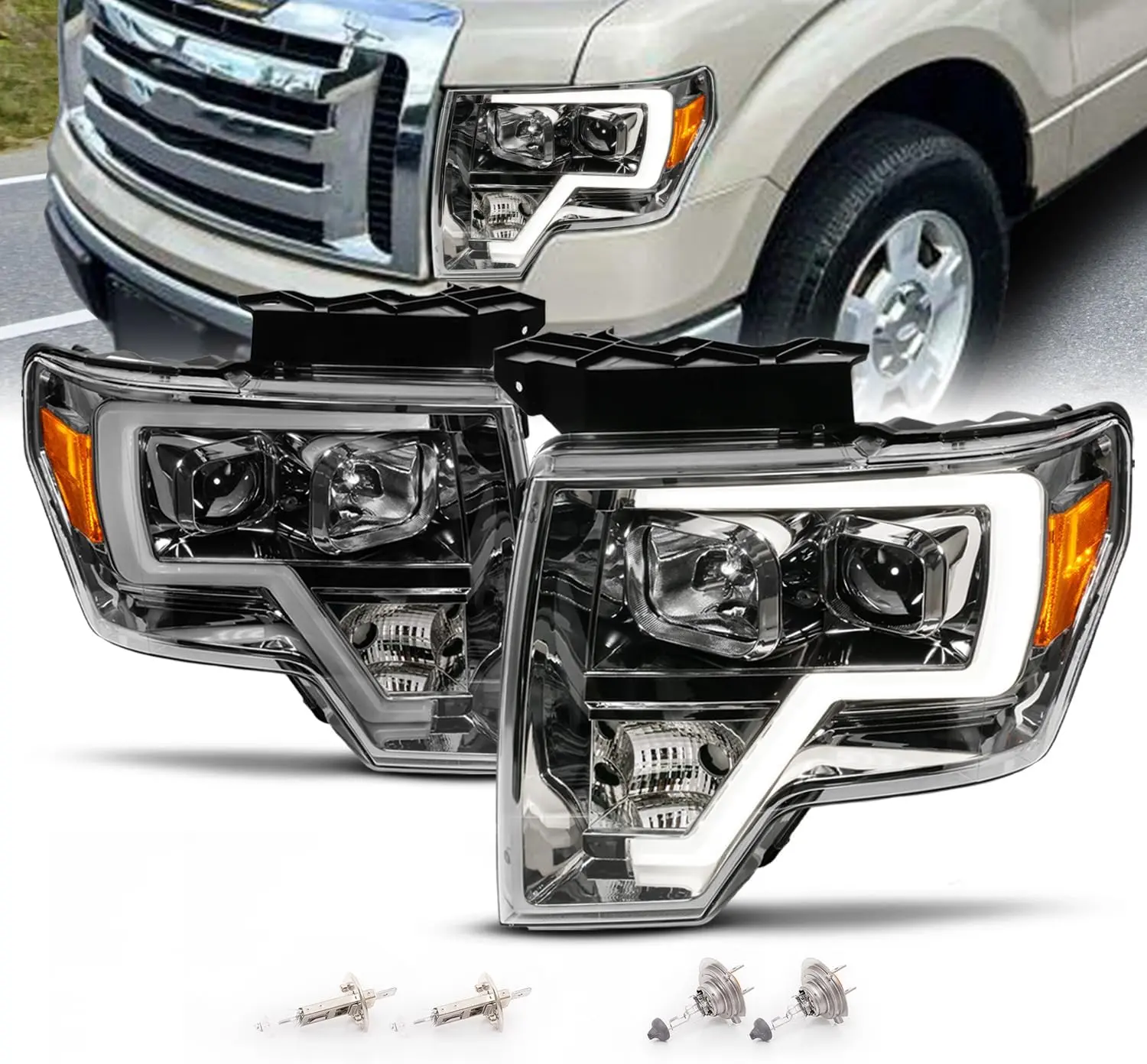 AmeriLite for 2009-2014 Ford F150 Truck LED Bar Square Projector Gun-Metal Projector Headlights Set High/Low Beam Halogen Bulb Included - Driver and Passenger Side