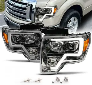 AmeriLite for 2009-2014 Ford F150 Truck LED Bar Square Projector Gun-Metal Projector Headlights Set High/Low Beam Halogen Bulb Included - Driver and Passenger Side
