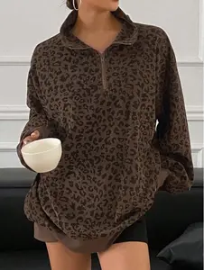 Leopard Sweatshirt Quarter Zip Long Sleeve Oversized Pullover Cheetah Top