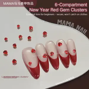 6-Compartment Red Gem Clusters, Highly Saturated True Red Stacked Nail Rhinestones for DIY Manicure & Nail Art