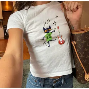 Pete the Cat Cool Cat Baby Tee Y2K Baby Tee, 90s Baby Tee, Graphic Shirt Crop, Coquette, Vintage Design Casual Cotton