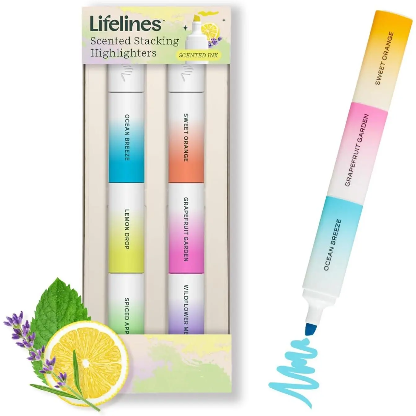 Lifelines Scented Stacking Highlighters (6-Pack Office Stationery) - Scented Pen, 6 Unique Scents (Vanilla, Lavender, Hints of Chamomile, Essential Oil Blends, Wild Mint), Highlight Colors, Free From Harmful Ingredients, Mix & Match, Ages 8+