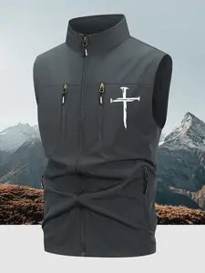 Men's Lightweight Fashion Zipper Jacket, Sleeveless Cross Print High Neck Design, Multiple Front Pockets, Spring & Fall