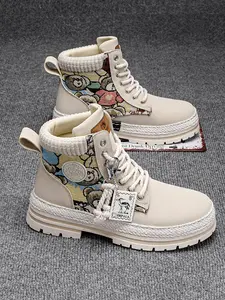 Men's High-Top Ankle Boots, PU Leather & Rubber Sole, Cartoon Pattern Design, Mid-Calf Casual Style, Fall Winter Fashion Shoes