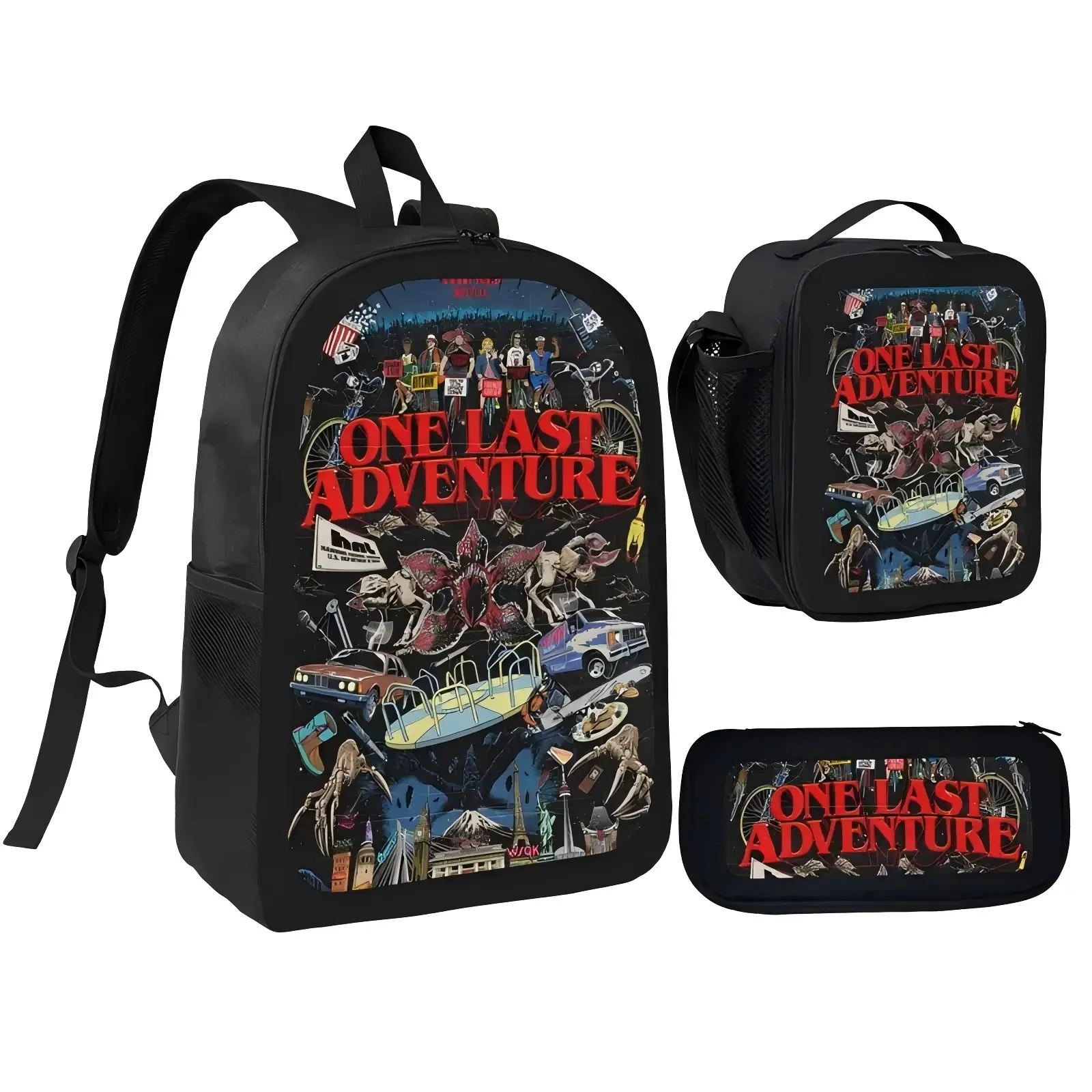 Stranger Things Ultimate Adventure Themed Teen Backpack Set (3-piece set): Black retro sci-fi backpack + pencil case + lunch bag. Suitable for teenage boys and girls.