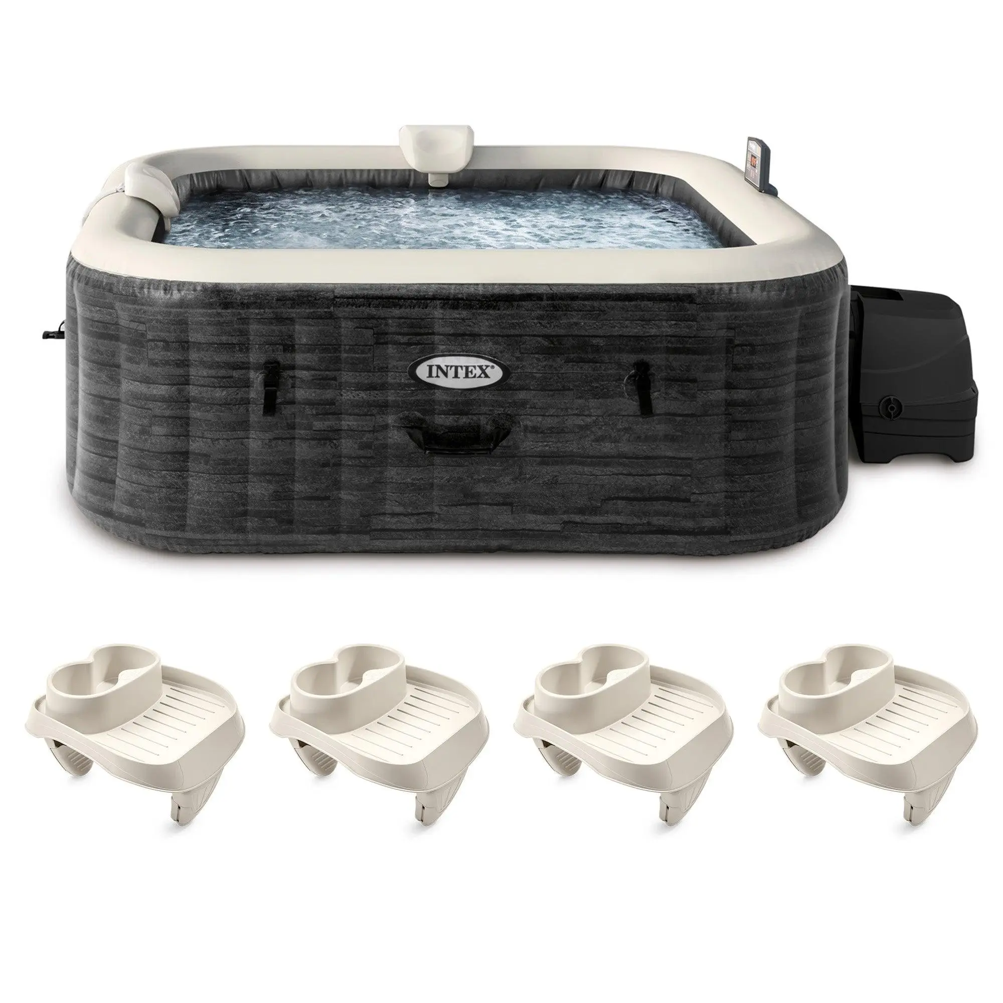 Intex PureSpa Plus Inflatable Square Spa & Attachable Snack Tray, Tan (4 Pack)