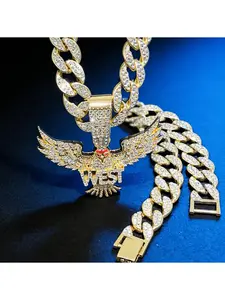 Unisex Streetwear Jewelry Set, Full Rhinestone Flying Eagle WEST Pendant, Thick Cuban Chain Necklace for Party Festival