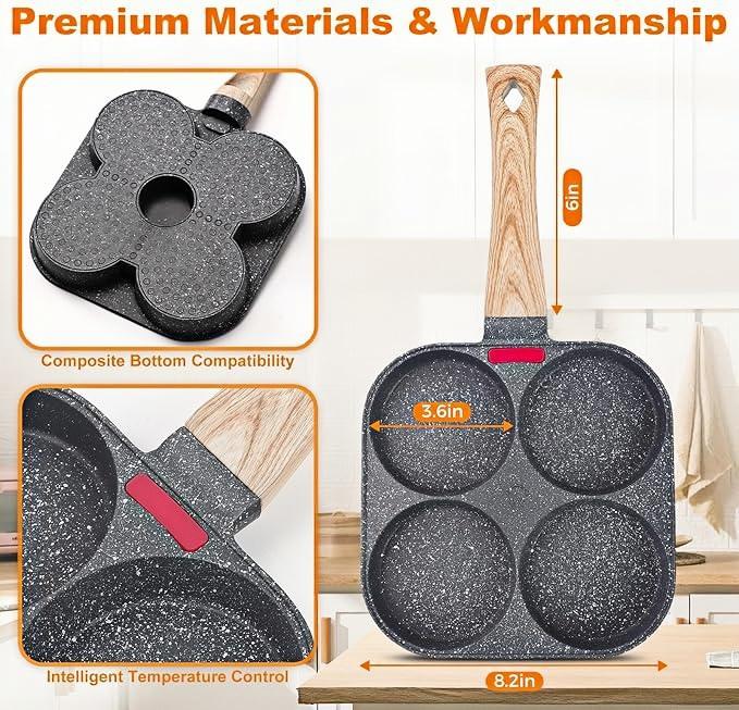 Multifunctional Non-stick Egg Skillet, 4-in-1 Breakfast Pan for Bacon & Pancakes, Induction & Gas Compatible