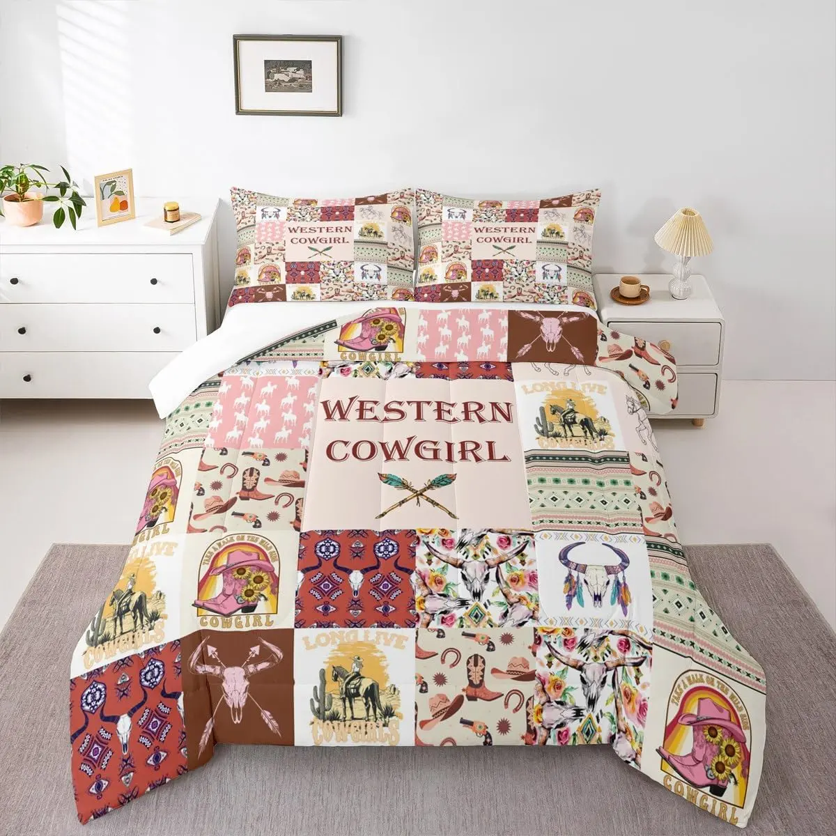 Western Cowgirl Comforter Set,Southwest Cowboy Bull Skull Arrow Print Bedding Set Women Room Decor,Beige Tribal Striped Plaid Quilt Set Rustic Duvet Insert