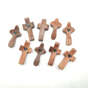 Natural Walnut Wood Thumb Cross, Handheld Prayer Comfort Cross, American Retro Spiritual Souvenir for Church & Easter