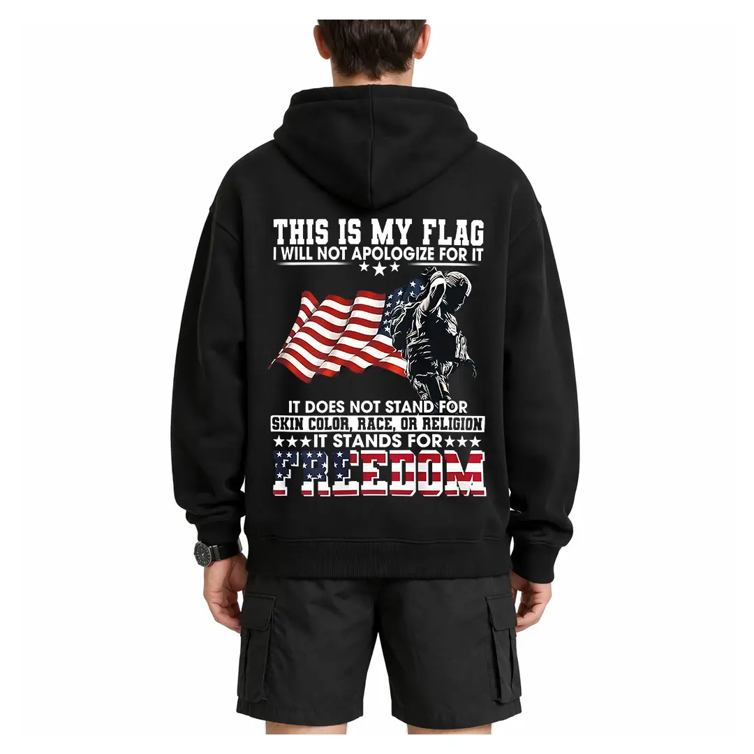 USA Patriot Hoodie with "This Is My Flag" and Soldier Image Perfect for Freedom Lovers Crewneck Classic