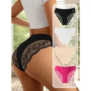 4Packs Mid-Rise Stretch Lace Sexy Women's Briefs, Contrast Lace Womenswear Sexy Breathable Comfort Female Underwear Thongs, 4 Colors S-XXL