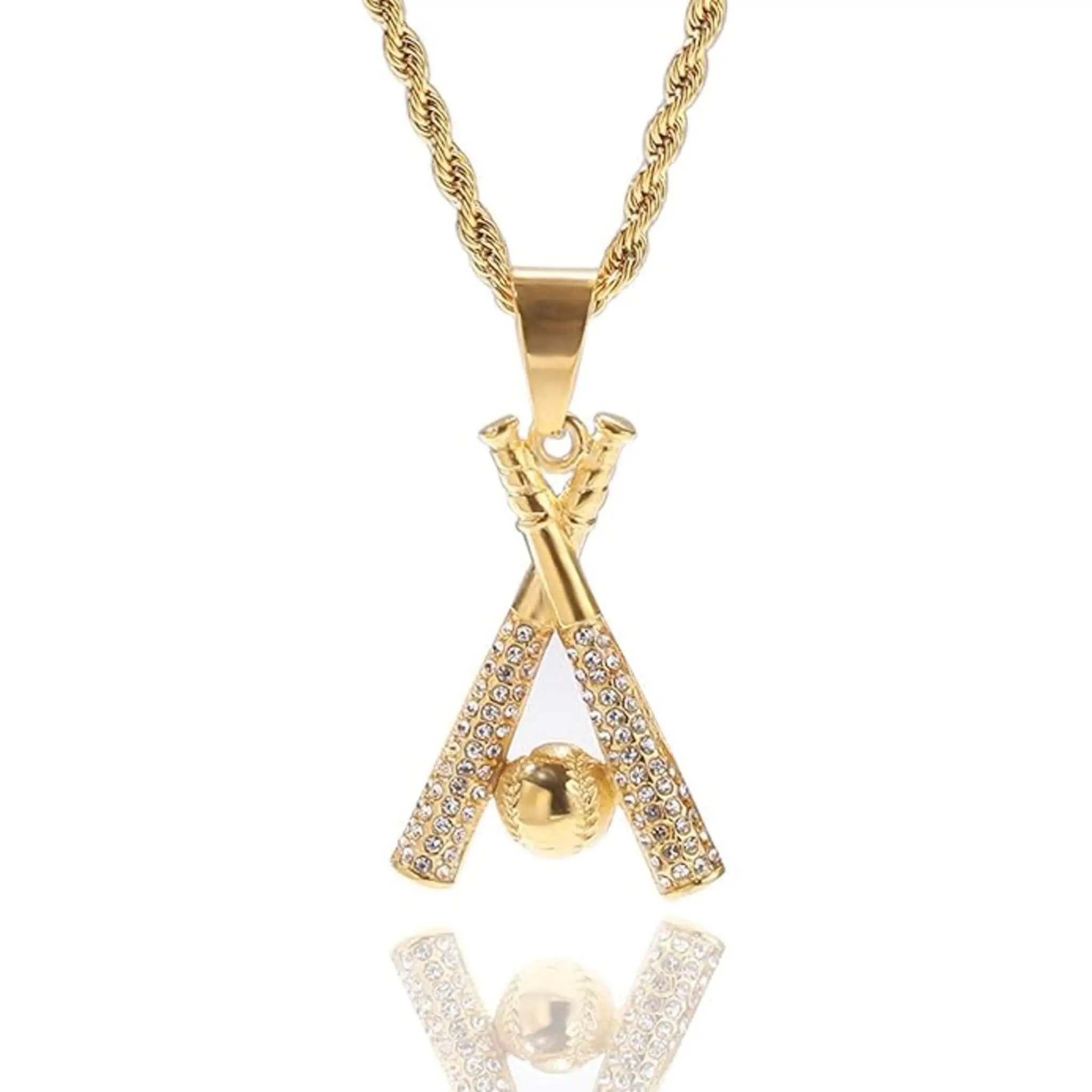 Sportzzheads Gold Crystal Pendant Neck Jewelry - Cubic Zirconia Studded Baseball Motif, Multi-Size Chains, Casual Daily Wear Gold Necklace