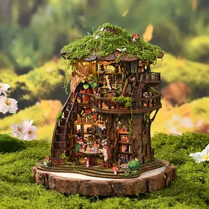 【Forest Language Tea Book】Book Nook DIY Kit for Adults, Tiny Home Vintage Abstract Renaissance Style, Wooden Bookshelf, 3D Hand-Assembled, Miniature Dollhouse, Birthday Gift, DIY Building Model