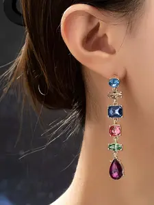 DMK Elegant Long Statement Earrings with Multicolored Gems, Perfect for Evening Gowns, Party, Dinner, Wedding, Layered Design, Fashion Accessory