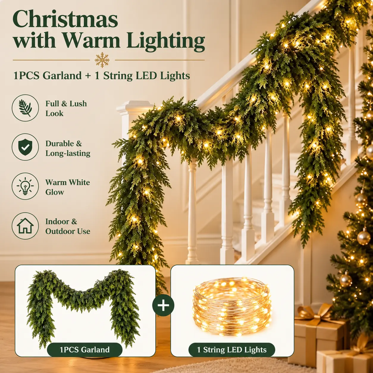 New 79.92-inch Simulated Cypress Vine Wreath, Evergreen Branches and Pine Needles, High-Density Plastic, Maintenance-Free Design with Light Strip, Perfect for Lintels, Stairs and Christmas Decor