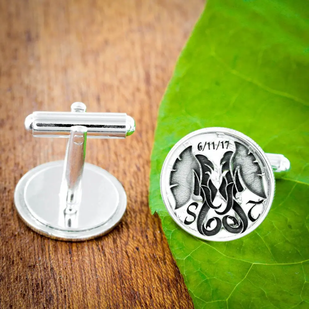 Silver Elephant Wedding Cufflinks with Custom Initials and Date Engraved, Anniversary Gift, Made from Silver Mercury Dimes