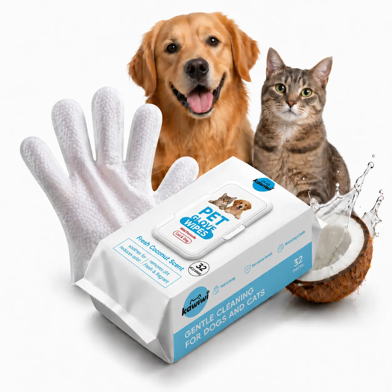 Kawiwi 32pcs Coconut Scent PET Dog Wipes Cleaning Deodorizing Glove Wipes for Dogs and Cats , Hypoallergenic Hydrating & Nourishing Pet Wipes for Eyes, Ears, Butt & Paws, No-Rinse Double-sided