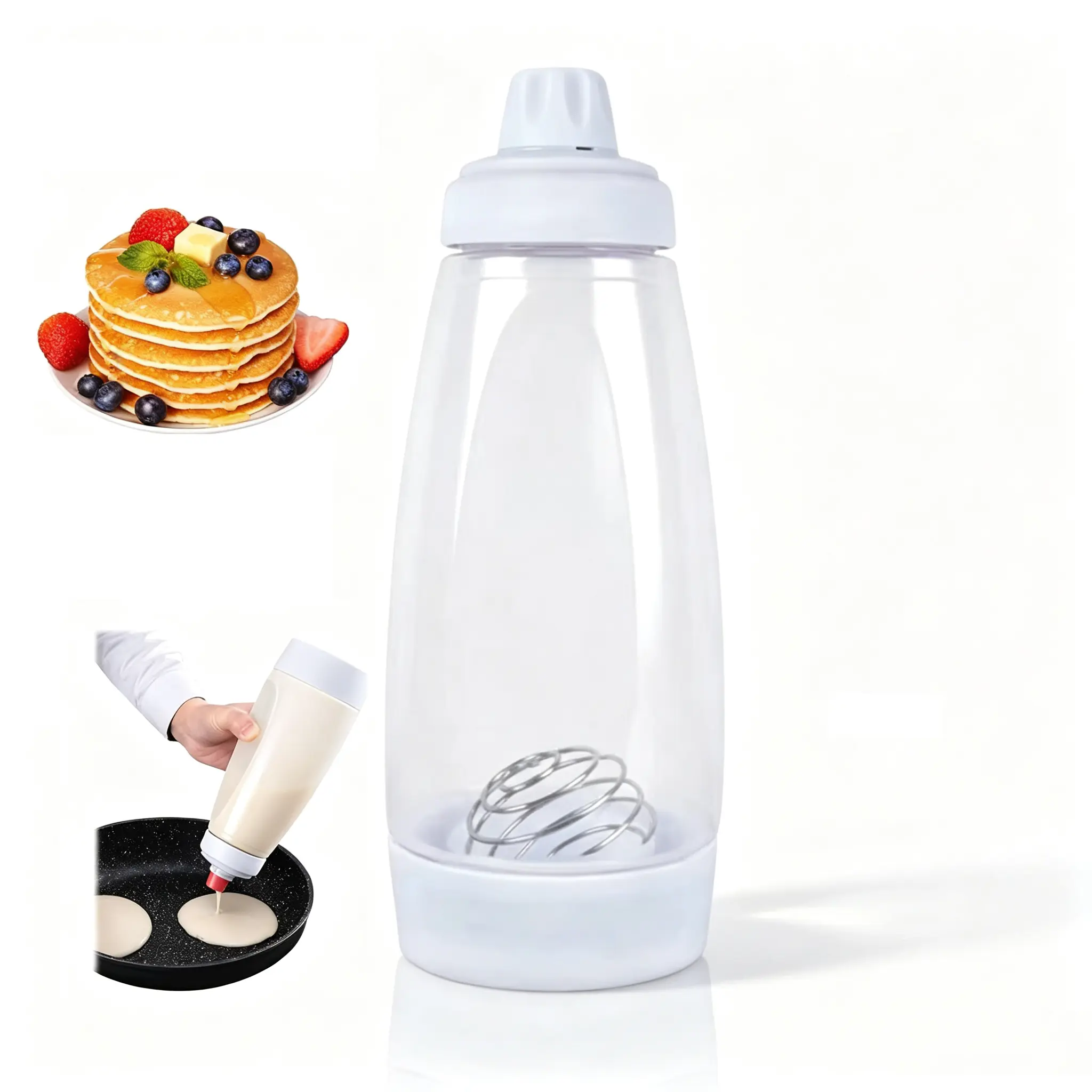 Pancake Batter Dispenser 2-in-1 Mixing Bottle with Stainless Steel Whisk Ball, 4.5 Cup Capacity Batter Pourer for Pancakes, Waffles, Cupcakes, Sauces & Syrups Kitchen Baking Utensil