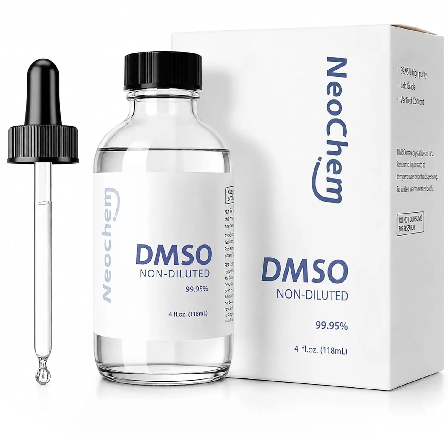 DMSO Liquid 99.95% Pure, 4 oz, Low Odor Glass Dropper Bottle
