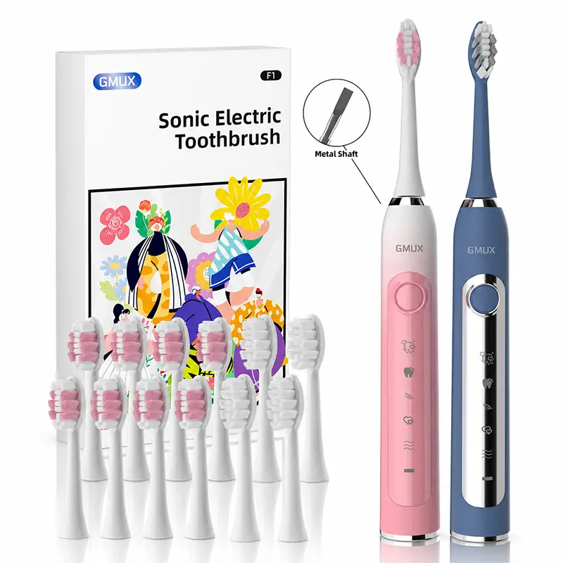 GMUX IPX8 Sonic Electric Toothbrush, USB Charging, Couple Style With Replaceable Heads,Metal Shaft, For Adults (Men & Women), Rechargeable, Intelligent Timer, Includes 12 Replacement Brush Heads