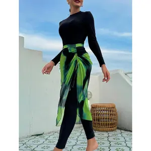 Women's Islamic Swimwear Three-Piece Set, High Stretch Casual Fashion Solid Color Long Sleeve Mock Neck Swim Top & Skinny Pants & Tie Dye Print Drawstring Front Cover Up Skirt for Beach Holiday Vacation, Ladies Islamic Swimwear for All Seasons