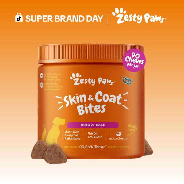 Zesty Paws Skin & Coat Bites for Dogs Soft Chew Treats with Omega 3 Fish Oil EPA & DHA for Skin Coat Health Vitamin Supplement