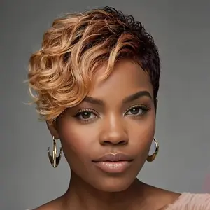 New Fashion Women's Pixie Cut with Curly Wave with Bangs Human Hair Wig Glueless Curly Wig Natural Look Put On and Go Full Machine Made of Rose Net Cap for Secure Fit Perfect for Daily Use & Back School & Halloween and Christmas Parties Cosplay Wear