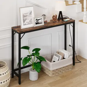 39.4" Narrow Entryway Console Table with Charging Station, Modern Sofa Side Table with Power Outlets & USB Ports, Sturdy MDF & Metal Legs Accent Table for Living Room & Foyer