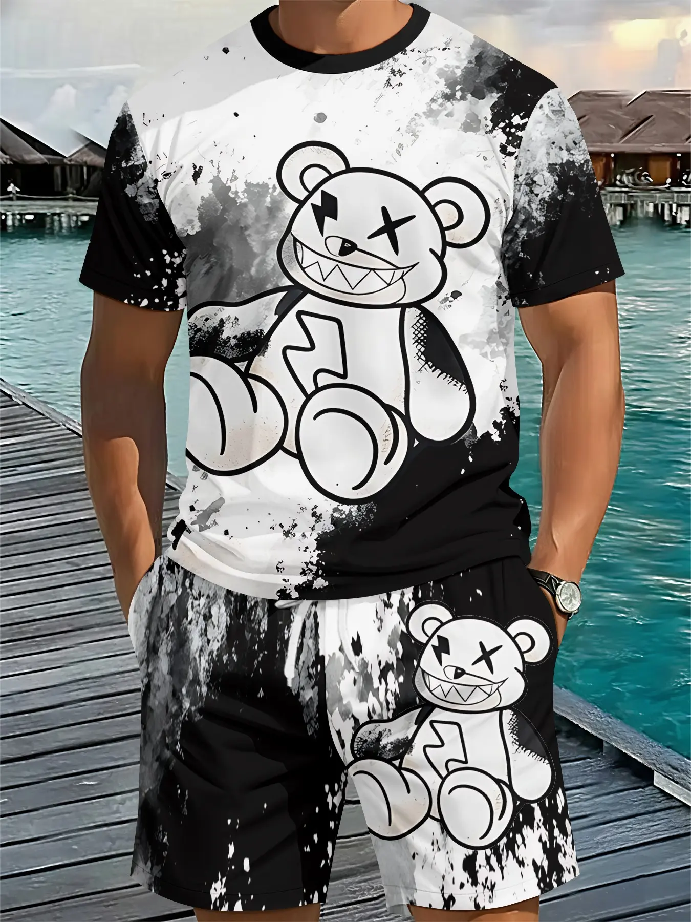 Two-piece set with trendy 3D ink-wash bear print, stylish vintage retro casual outfit, vacation-style trendy wear, breathable sporty casual style, an ideal holiday gift for men