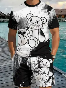 Two-piece set with trendy 3D ink-wash bear print, stylish retro casual outfit, vacation-style trendy wear, breathable sporty casual style, an ideal holiday gift for men