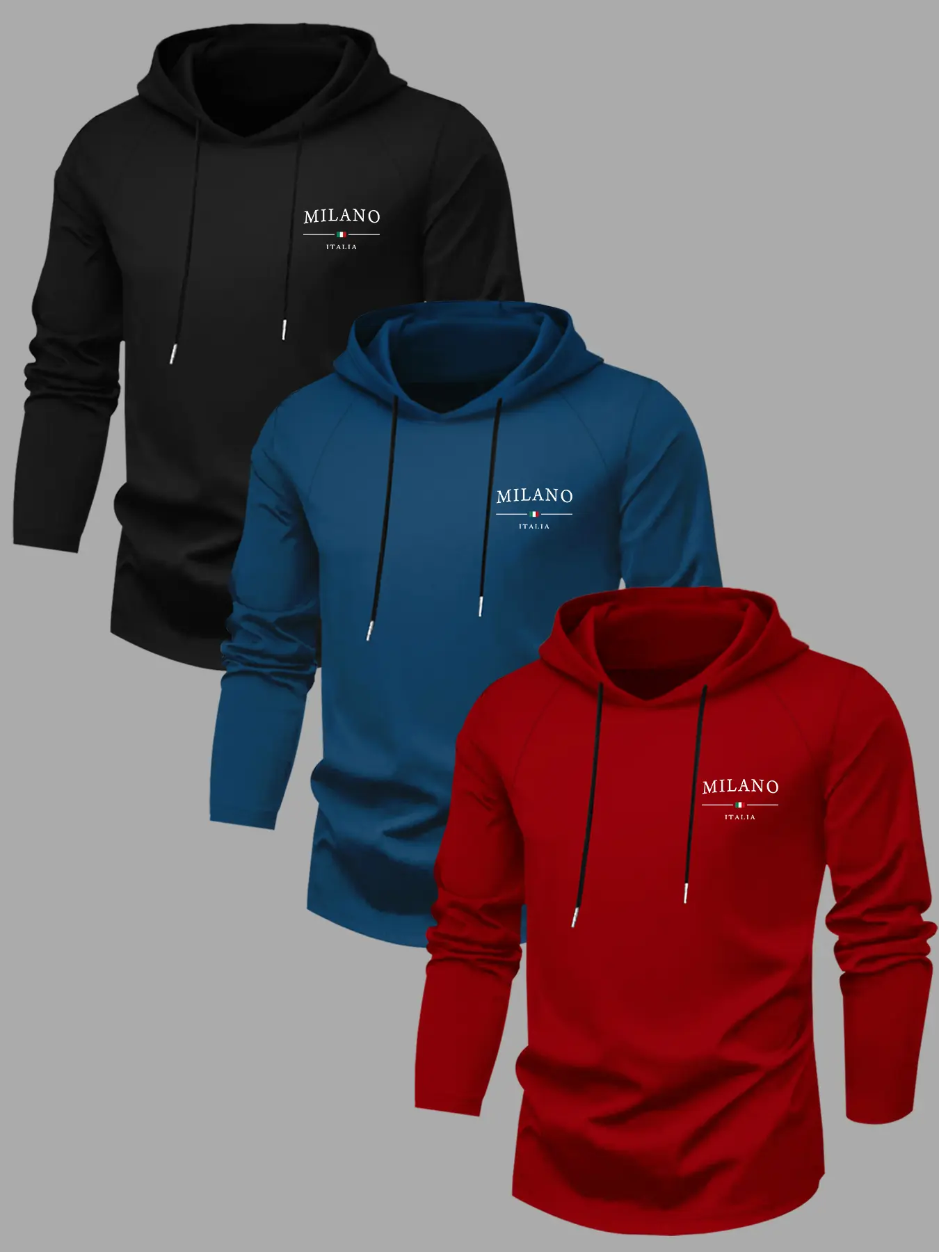 Men's 3-Piece Set Letter Print Hooded Long Sleeve Fitted T-Shirt Fabric, Fall Winter Outdoor Casual Aesthetic Versatile Top, 3-Pack