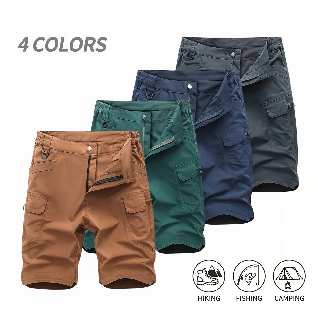 Functional quick-dry waterproof cargo shorts — mid-thigh length, zippered anti-theft large pockets, lightweight and breathable for outdoor hiking men’s shorts