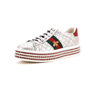 Pre-owned Gucci Women's Ace Web Platform Sneakers Quilted Leather with Crystals by Rebag