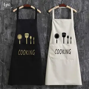 Letter & Cookware Pattern Novelty Cooking Aprons, 1 Count Waterproof & Oil-proof Apron Cotton with Pocket, Kitchen Cooking Apron for Men & Women, Home Kitchen Supplies, Lightweight Cotton Apron, Easy Cleaning Apron, Funny Apron, Accessories