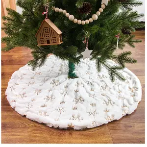 White Sparkly Sequins Snowflake Plush Christmas Tree Skirt, Traditional Magical Festive Home Decor Cloth for Holiday Scene Setup, Ideal Gift for Photo Backdrops