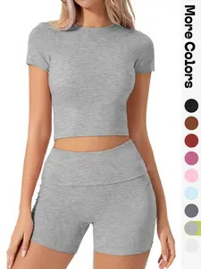 Women's Solid Tee & Skinny Shorts Loungewear Set, Casual Comfy Round Neck Short Sleeve PJ Set, Ladies Sleepwear for All Seasons, Pajama Set