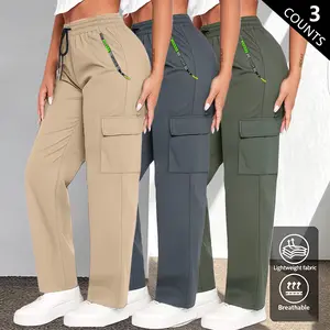 3-pack women’s casual cargo pants for spring/autumn—thin, stylish multi-pocket design with elastic drawstring waist; 3D large pockets, fashionable prints, and zipper closure—suitable for outdoor sports, cycling, running, fitness, jogging, hiking, and ever