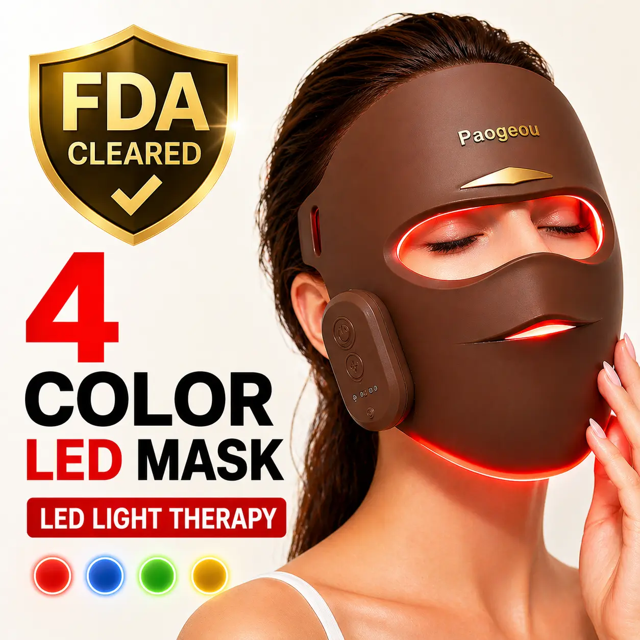 FDA Cleared 4-Color LED Light Therapy Mask - Food-Grade Soft Silicone for Ultra-Comfortable Wear, Wireless Magnetic Control Face Mask for Skin Rejuvenation & Brightening - Cordless Pro Home Spa Device (Paogeou M19-3)