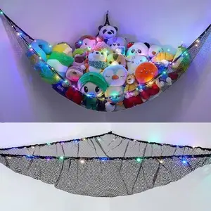 Unicorn Castle Stuffed Animals Net or Hammock Kids Toy Storage Organizer with LED Light Hanging Corner Stuffed Animals Holder Kids Girls Room Decor,Black,Large (Pack of 1)