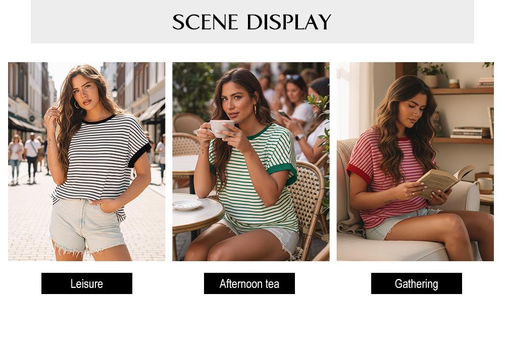 Asivivid Women's Striped Ribbed Knitted Drop Shoulder Round Neck T-Shirt Summer Tops Daily Everyday Wear Shirt Top