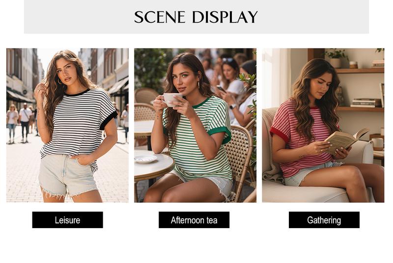 Asivivid Women's Striped Ribbed Knitted Drop Shoulder Round Neck T-Shirt Summer Tops Daily Everyday Wear Shirt Top