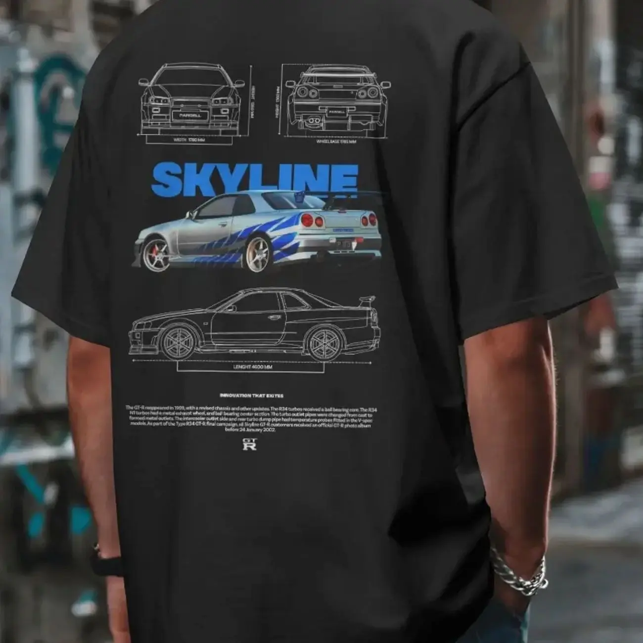 Njssan Skyline GT-R R34 Blueprint JDM Graphic Tee, Race Car, Car Lover Shirt, Fashion Cotton, Full Colors, Full Sizes, For Men, For Women