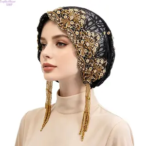 Handmade Beaded Fringed Headscarf Hat, Premium Yarn Knit Head Wrap with Exquisite Heavy Craft Design, Elegant Boutique Style Headwear, Versatile Fashion Accessory for Women Daily Casual & Party Matching