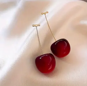 Jewelry Women's Red Cherry Earrings with Gold Tops Simple Elegant Design Perfect for Any Occasion Durable Gold Top & Simple Stylish Addition