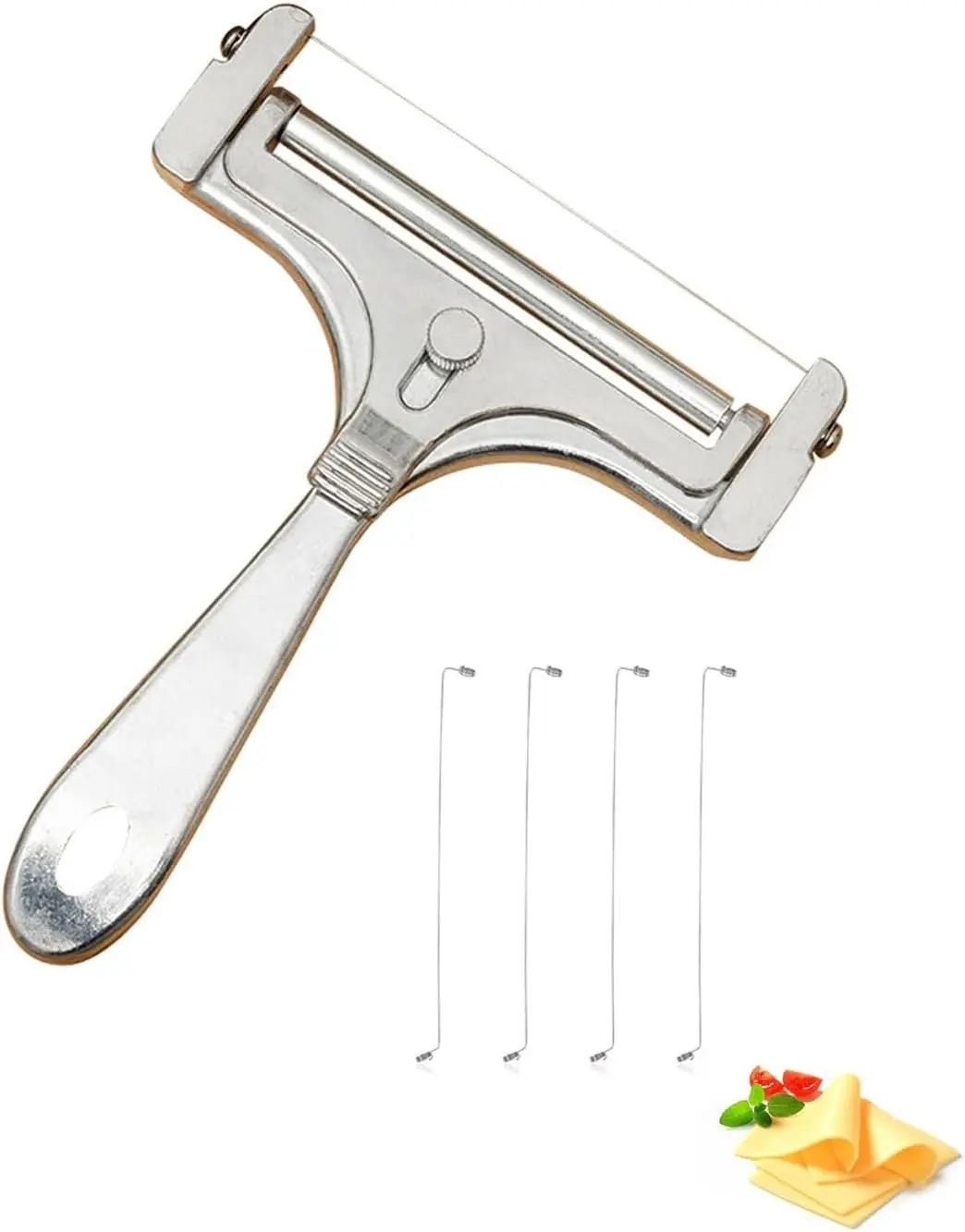 Stainless Steel Wire Cheese Slicer Adjustable Thickness Handheld Cheese Cutter with 4 Extra Wires for Mozzarella Cheddar Gruyere Raclette