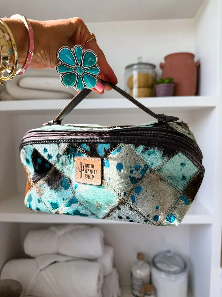 The Ella - Genuine Cowhide Makeup Bag, Leather Cosmetic Bag, Diagonal Zip Toiletry Bag, Travel Makeup Organizer, Western Gift for Her large capacity Zippered