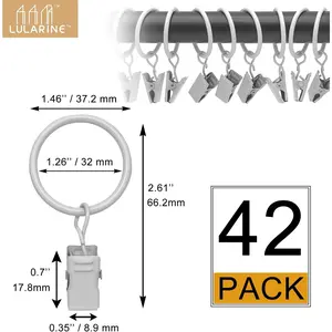 42 Pack Curtain Rings with Clips 1.26" Interior Diameter,Metal Drapery Ring with Clips Compatible with up to 1 inch Drapery Rod,Strong Vintage Decorative Rustproof Drapery Ring with Hooks(White)