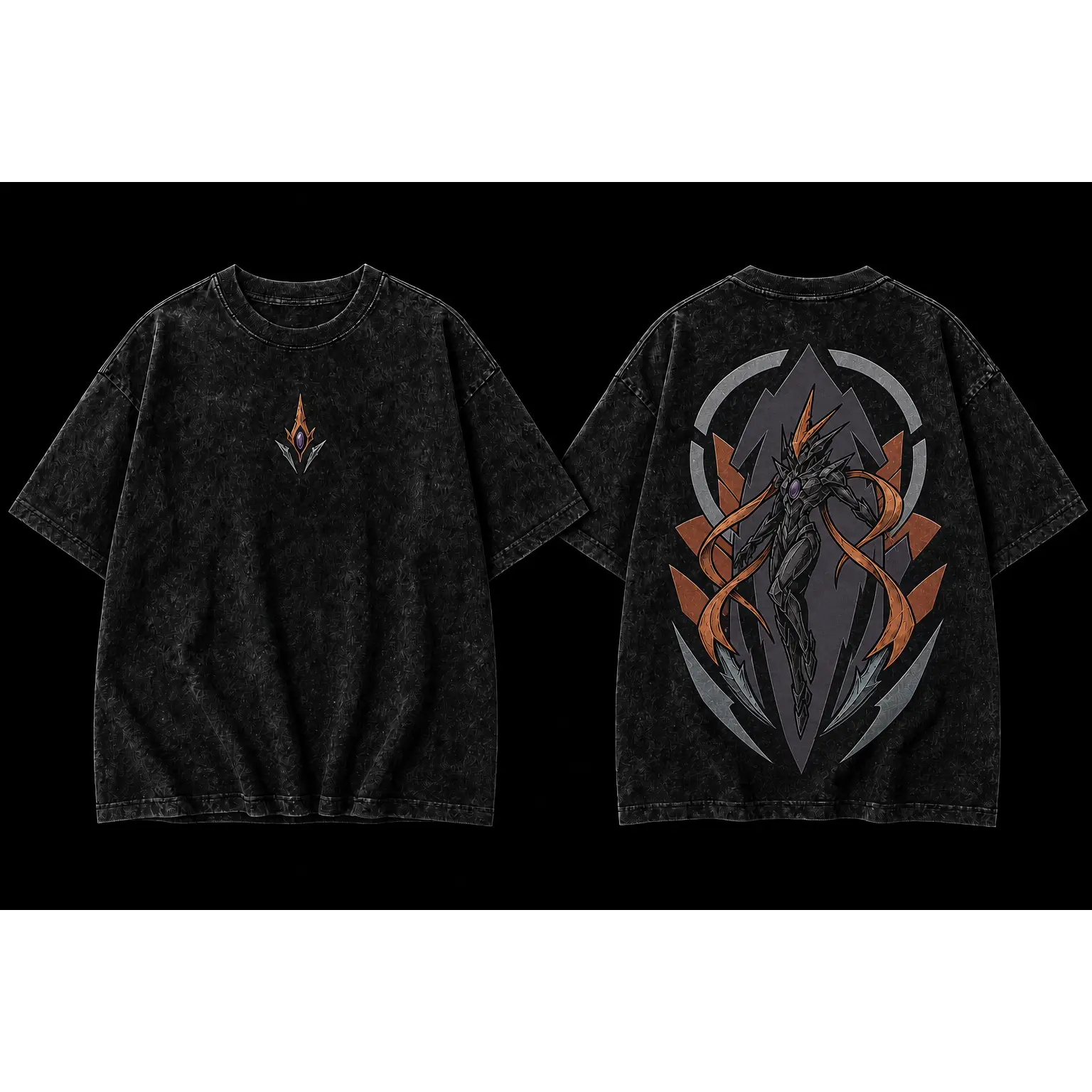 Acid Washed Graphic T-Shirt, Unisex Oversized Cosmic Ribbon Blade Guardian Anime-Inspired Streetwear Tee, Heavyweight Cotton Short Sleeve, Distressed Front and Back Print